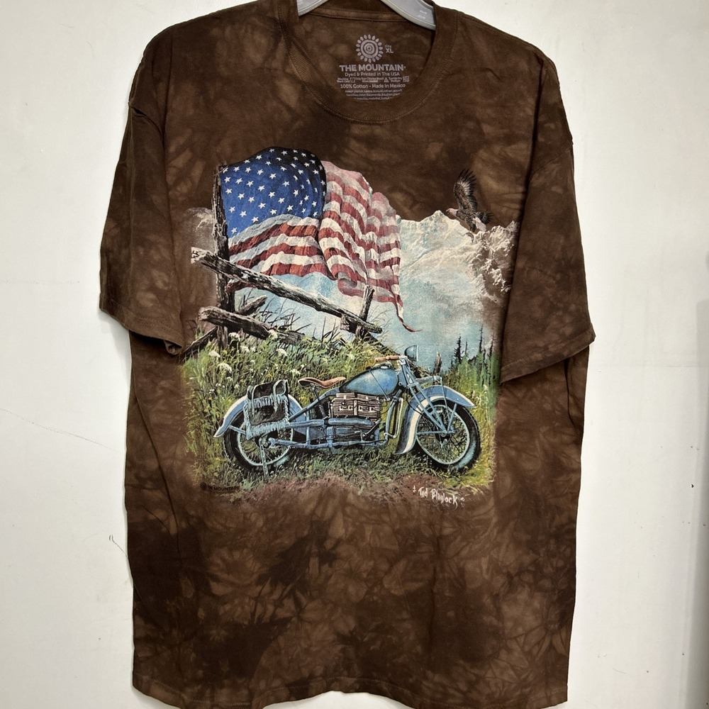 The Mountain Brown Motorcycle Eagle Flag USA Tee Shirt Ted Blaylock‎ Men XL